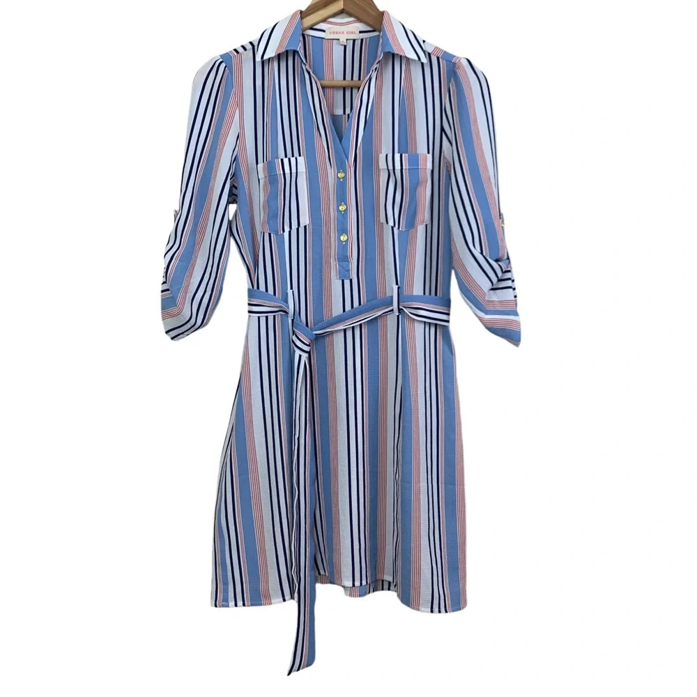 Urban Girl Women’s Belted Cargo Shirt Dress Tunic Mini Tie Waist Stripe Small - Picture 3 of 16